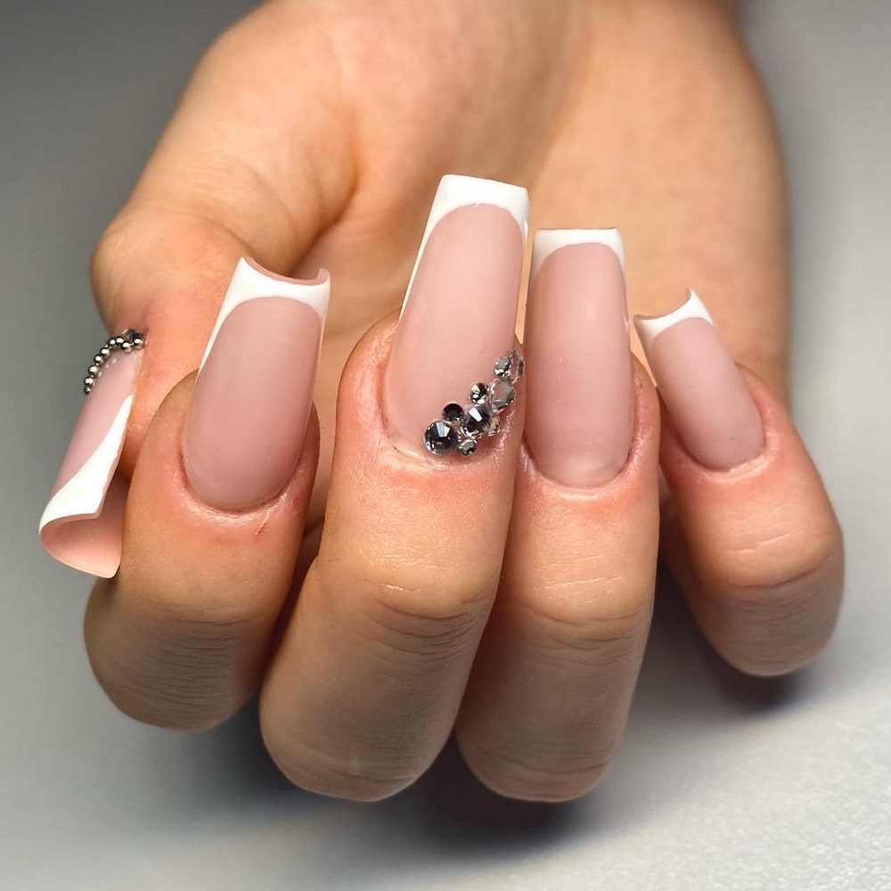 White Tip Coffin Nails With Crystals