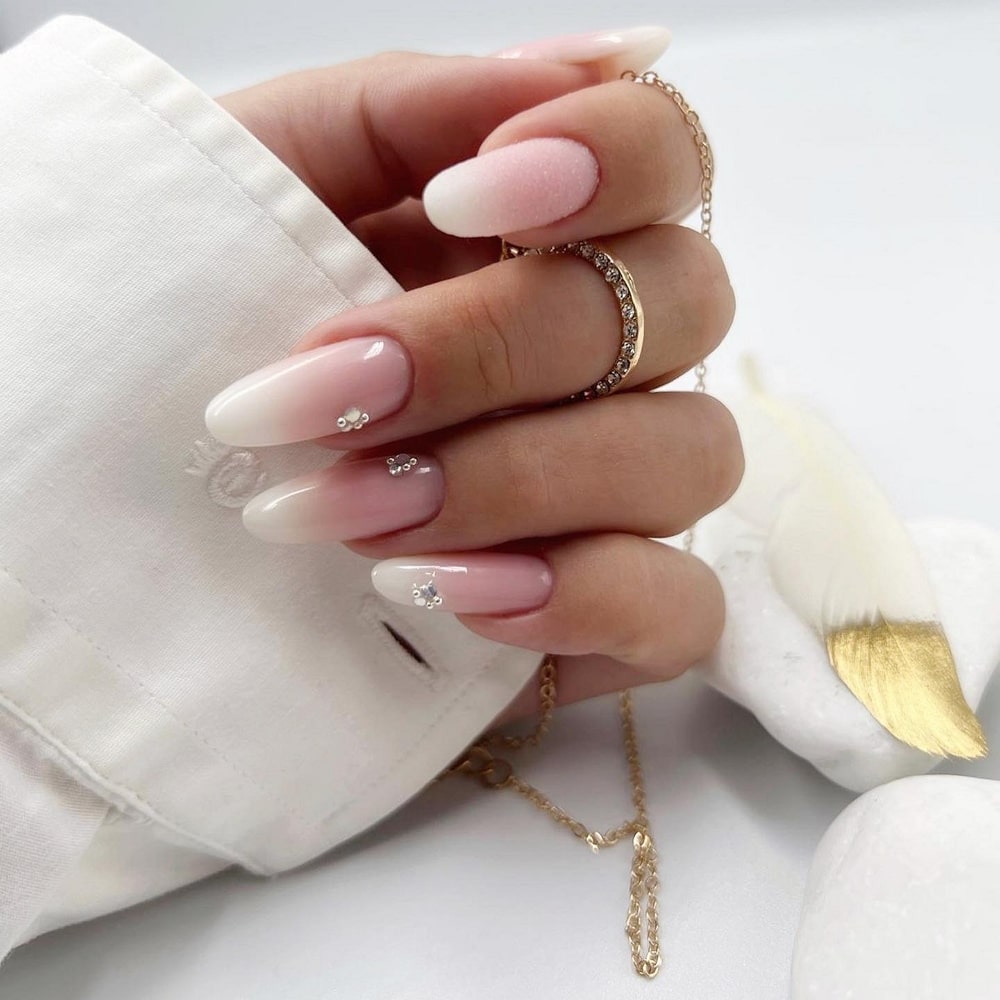 White and Pink Ombre Nails With Crystals