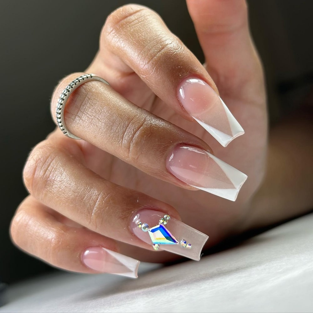 White Manicure With Diamonds on Coffin Nails