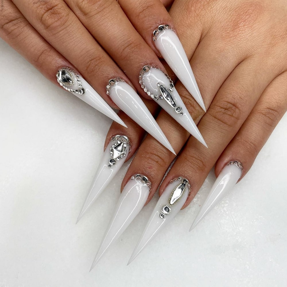 Edgy White Nails With Diamonds