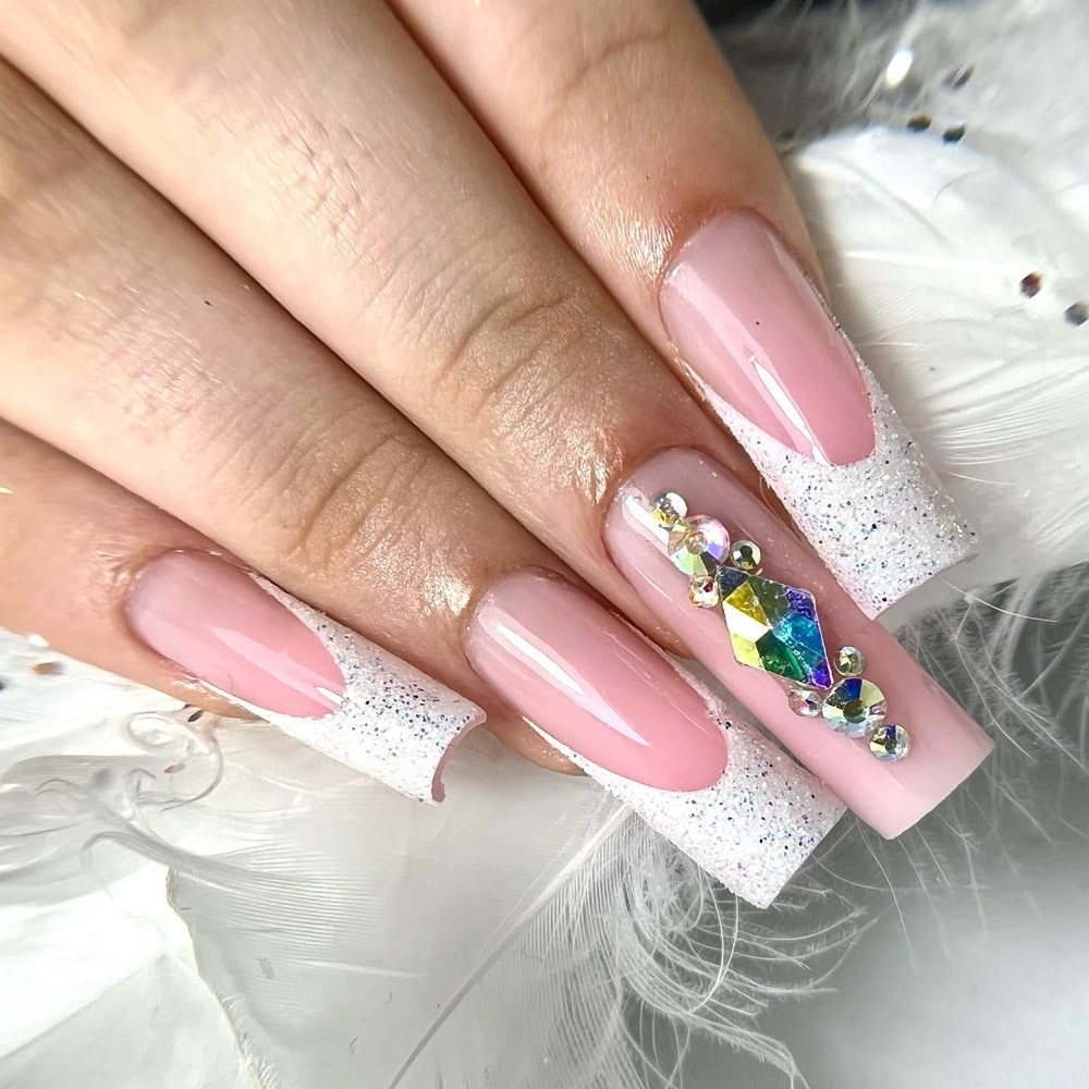 Long Acrylic Pink and White Nails With Crystals