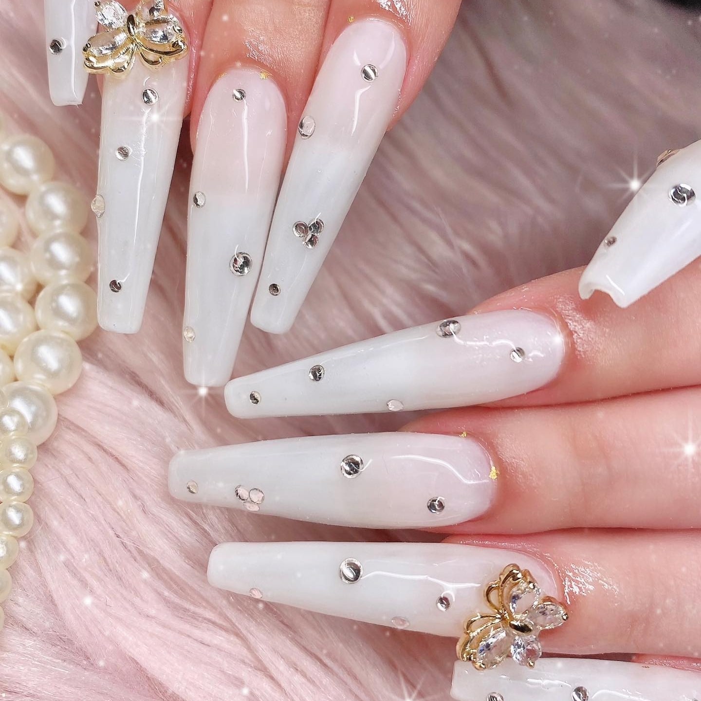Very Long White Nails With Crystals