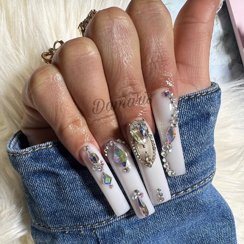 All White Coffin Nails With Diamonds