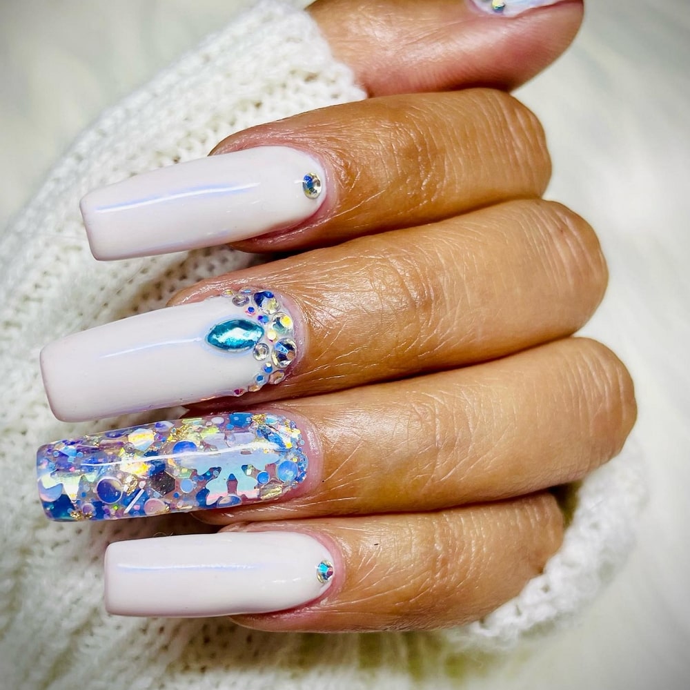 White Nails With Blue Diamonds
