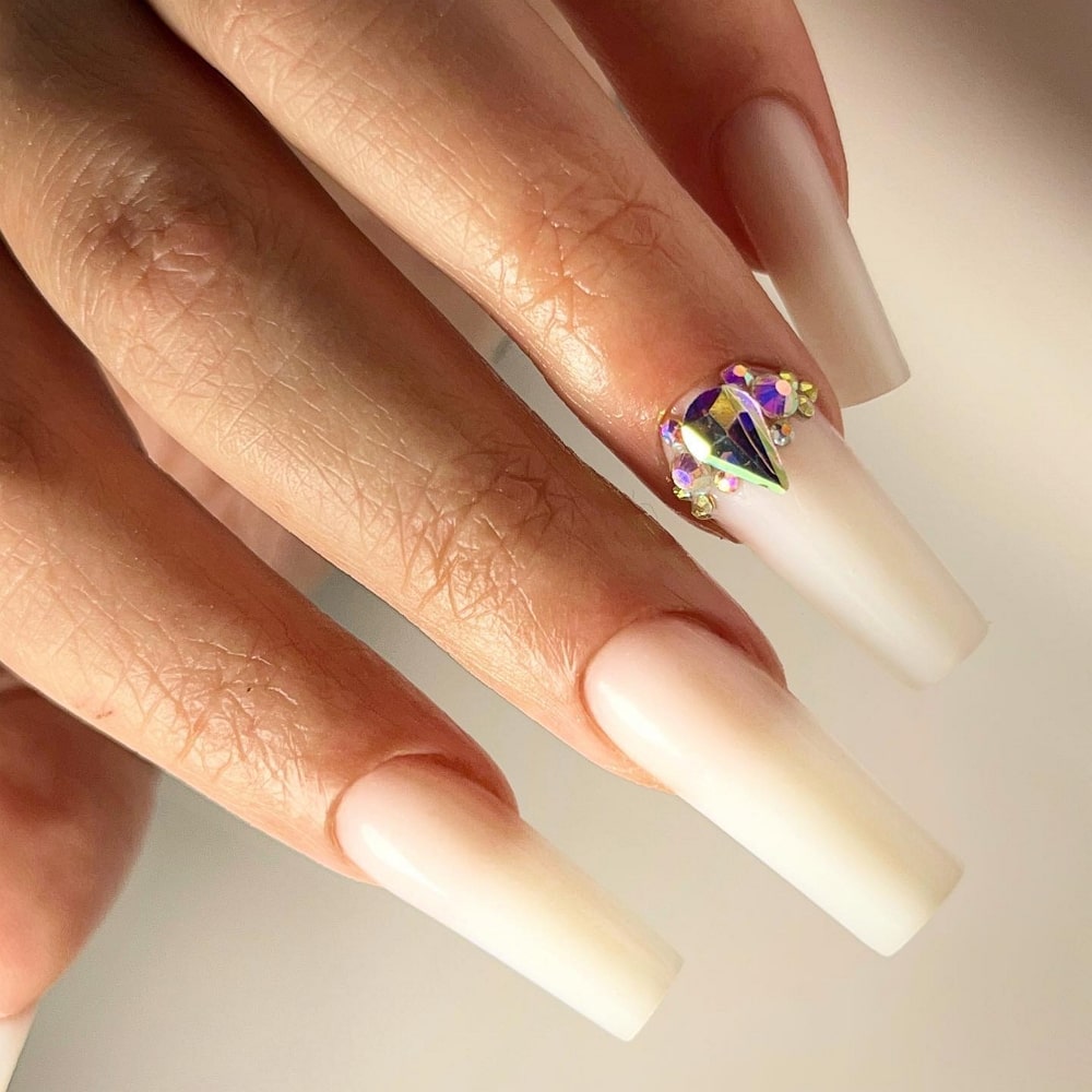 White Coffin Nails with Rhinestones