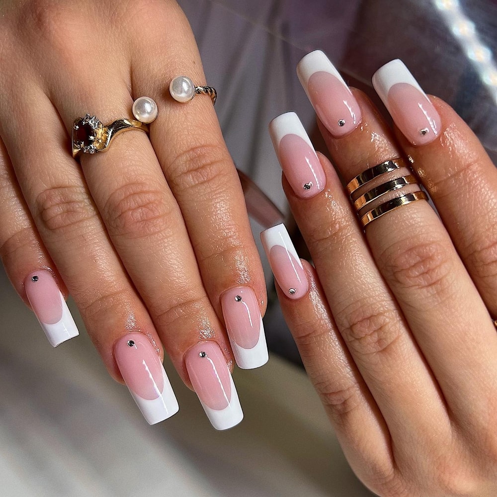 Coffin White tip Nails With Diamonds
