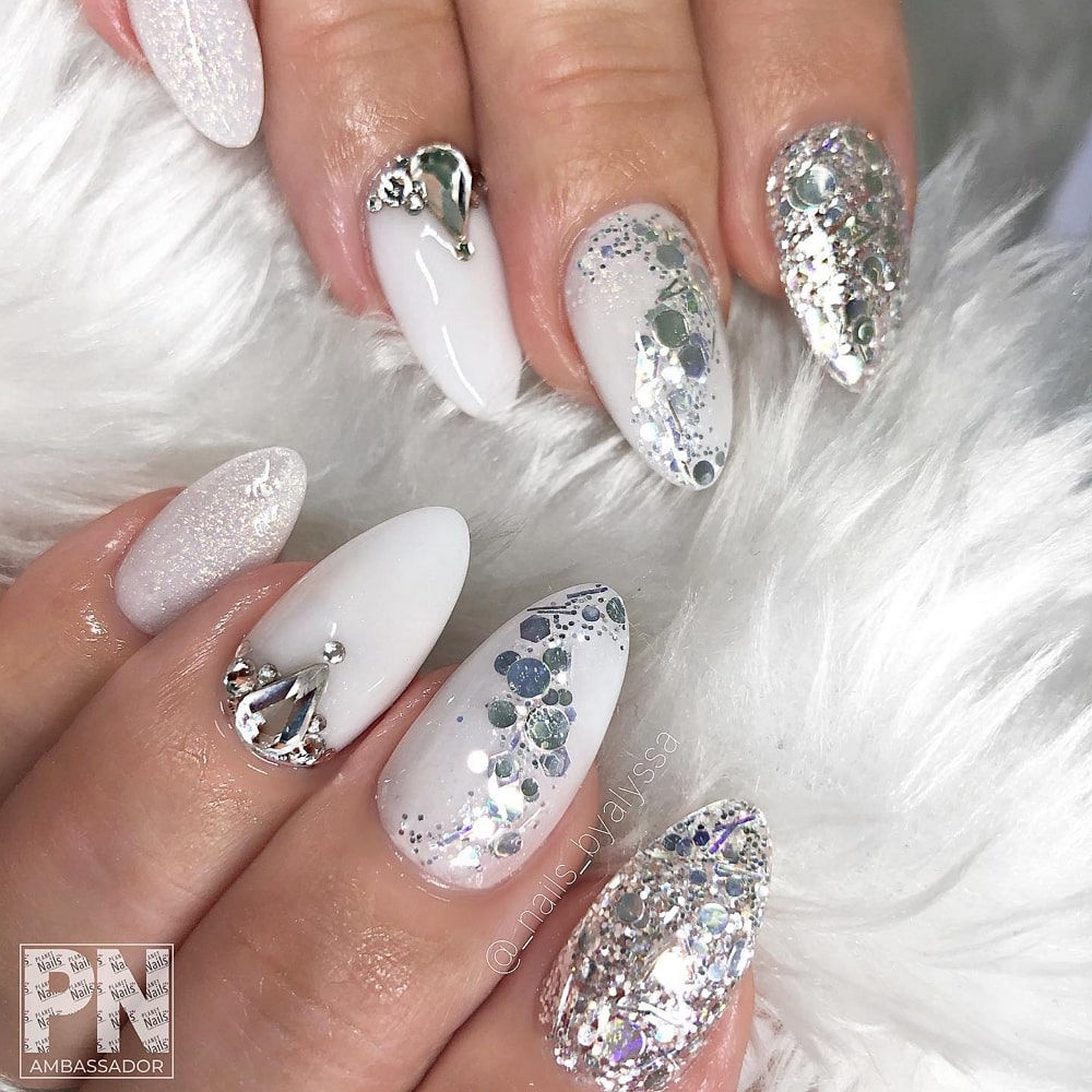 White Nails With Crystals and Glitter