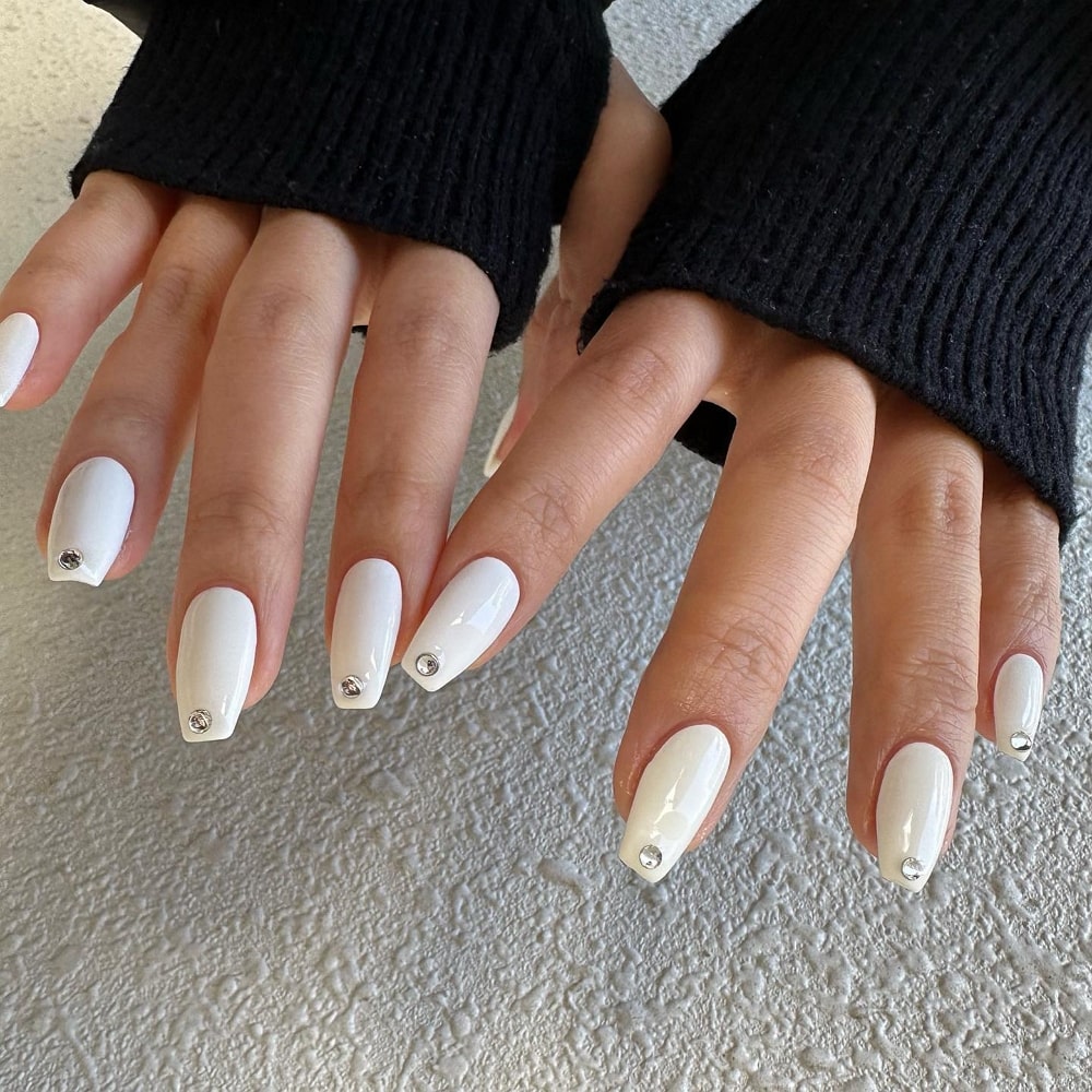 White Nails With Silver Rhinestones
