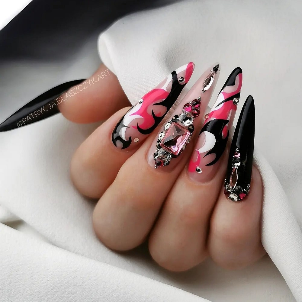 Black Red White Nails With Diamonds