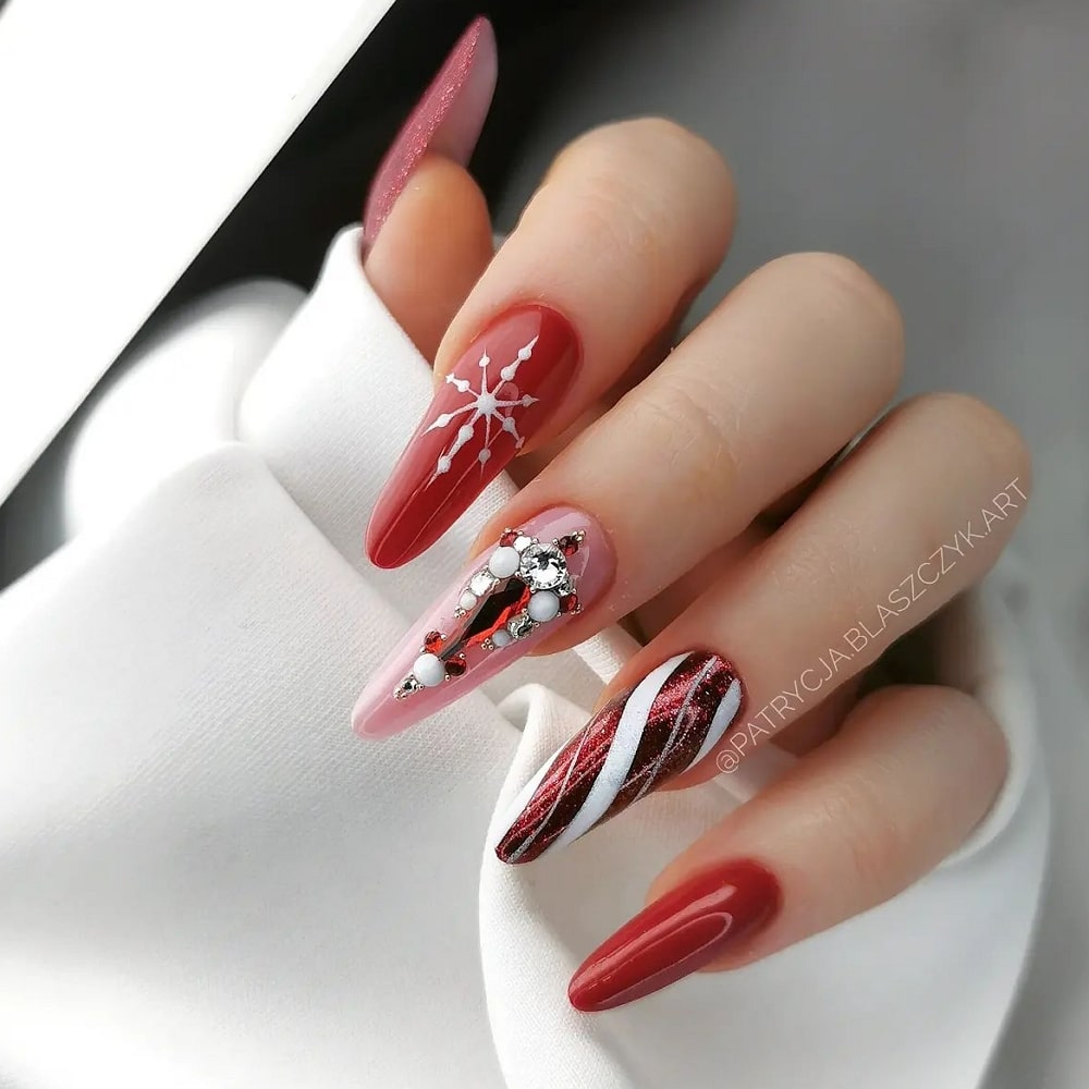 Red and White Nails With Rhinestones