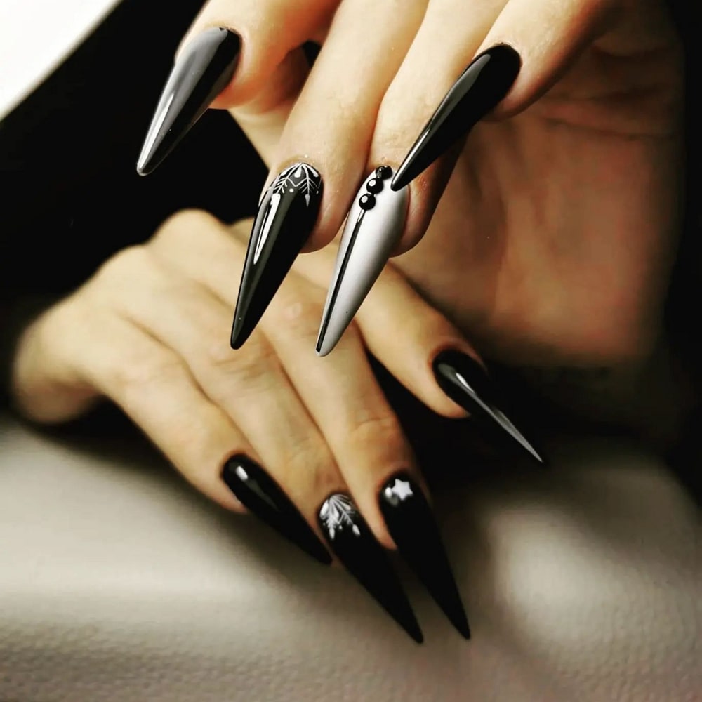 Black and White Nails With Rhinestones