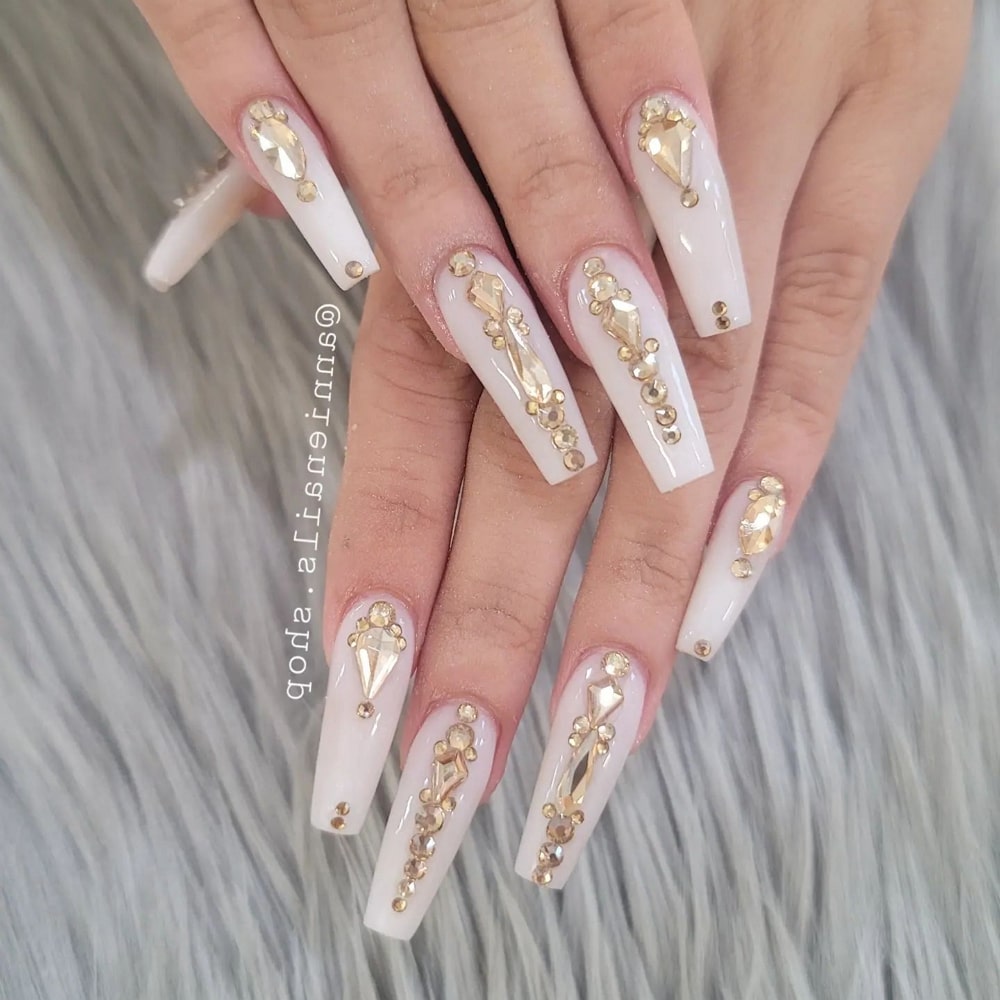 Long Coffin White Nails With Rhinenstones