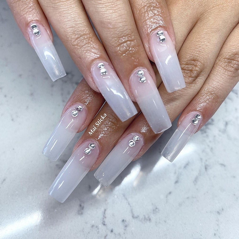 Long White Nails With Diamonds