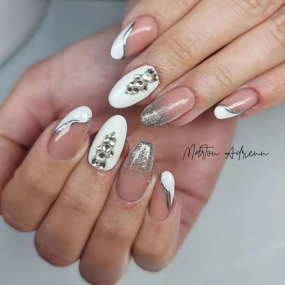 White Nails With Crystals and Gliltter