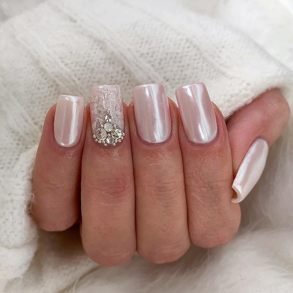 Pearly White Manicure with Diamonds