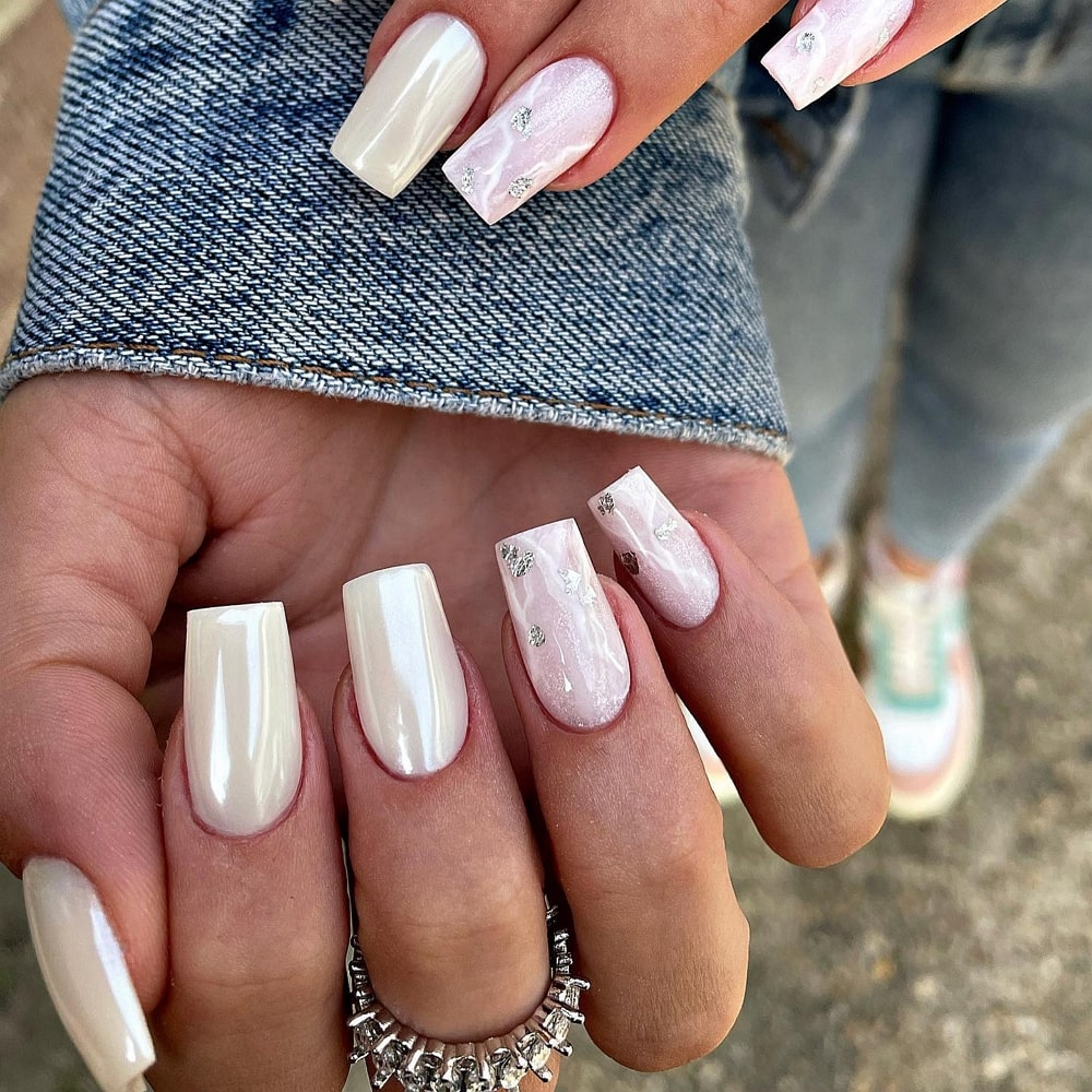 Pearly White Nails With Crystals