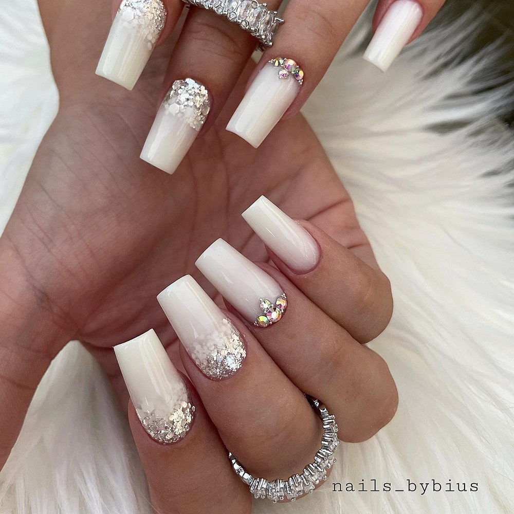 White Ombre Gel Nails With Diamonds