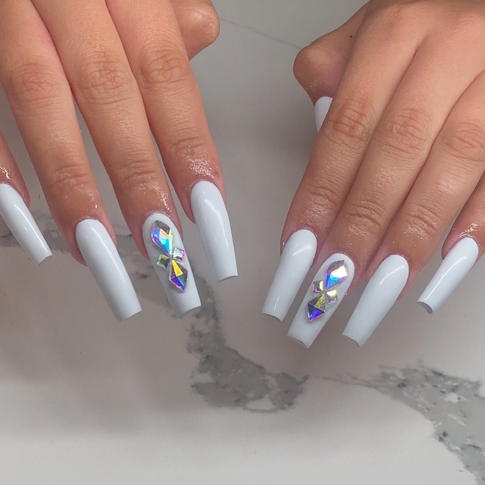 White Acrylic Nails With Rhinestones