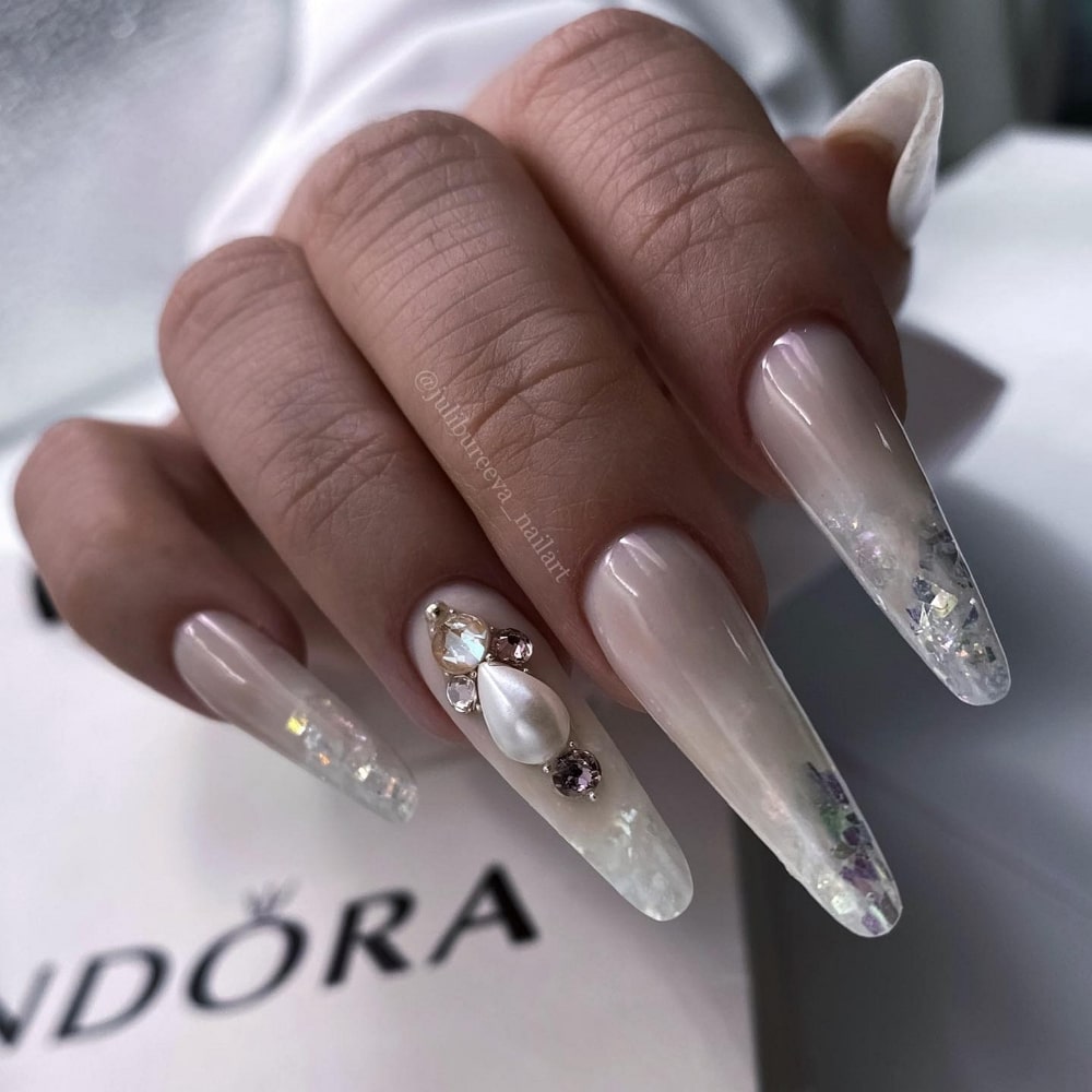 White Manicure With Pearls and Diamonds