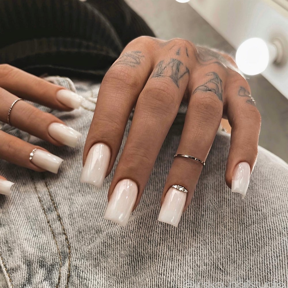 White Manicure with Diamonds on Square Nails