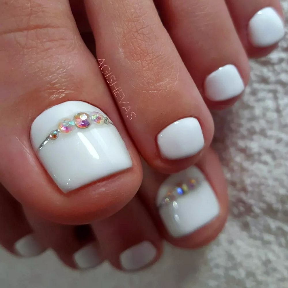 All White Toenails With Crystals