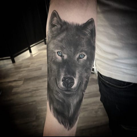 Großes schwarzes Wolf-Tattoo auf dem Unterarm