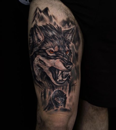 Angry Wolf Tattoo on the thigh