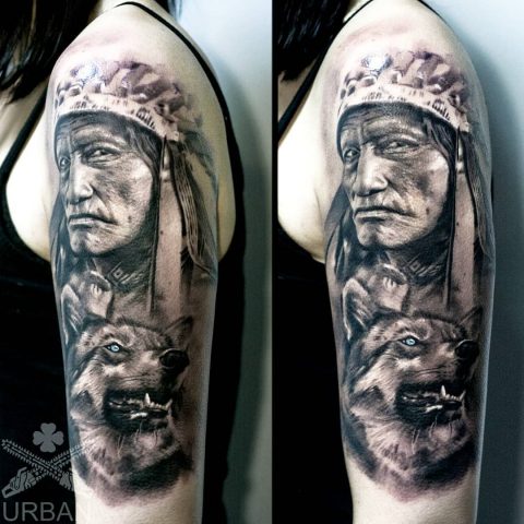 Wolf und Indianer-Tattoo