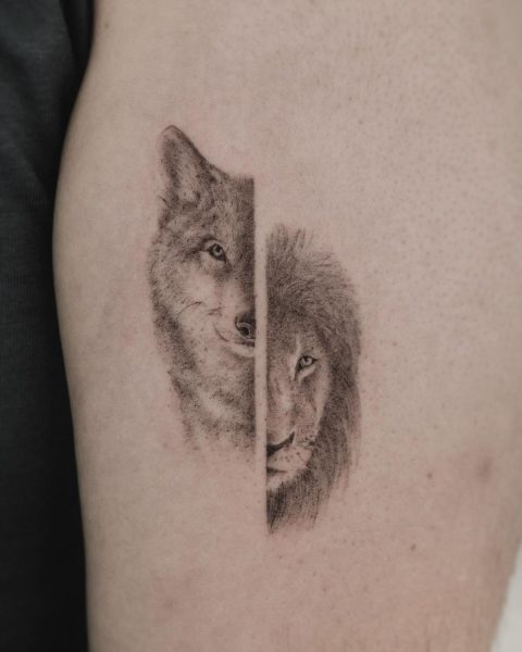 Wolf- und Löwen-Tattoo