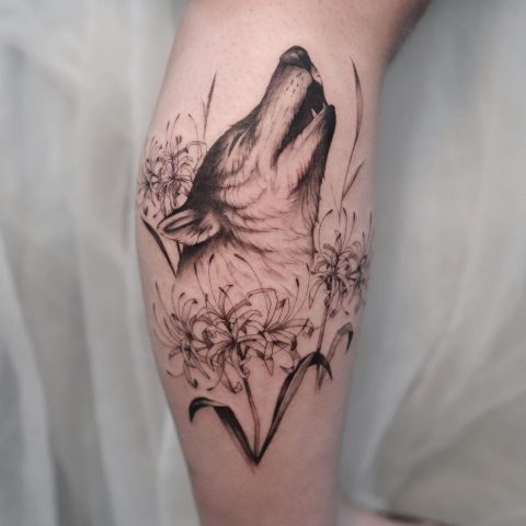 Wolf with Flowers Tattoo