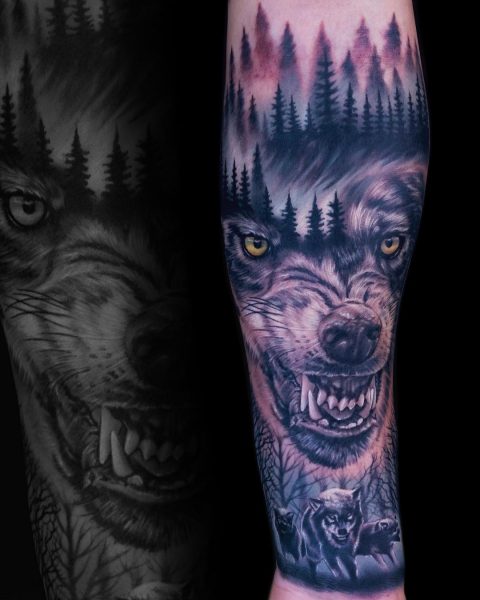 Wolf und Bäume Tattoo