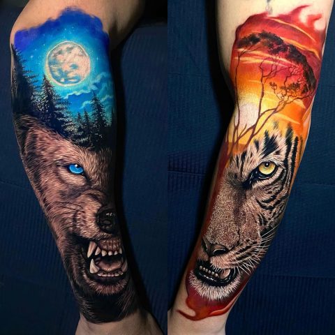 Kolorowy tatuaż z wilkiem i tygrysem
