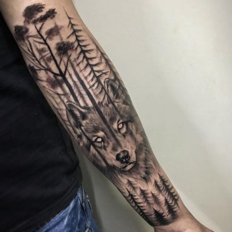Wolf in Forest Tattoo