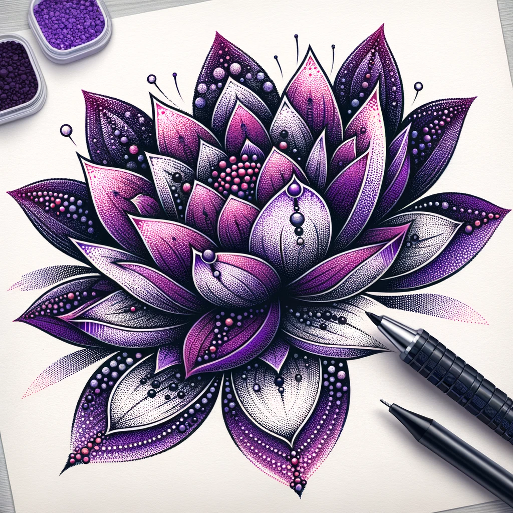 purple lotus tattoo in dotwork style