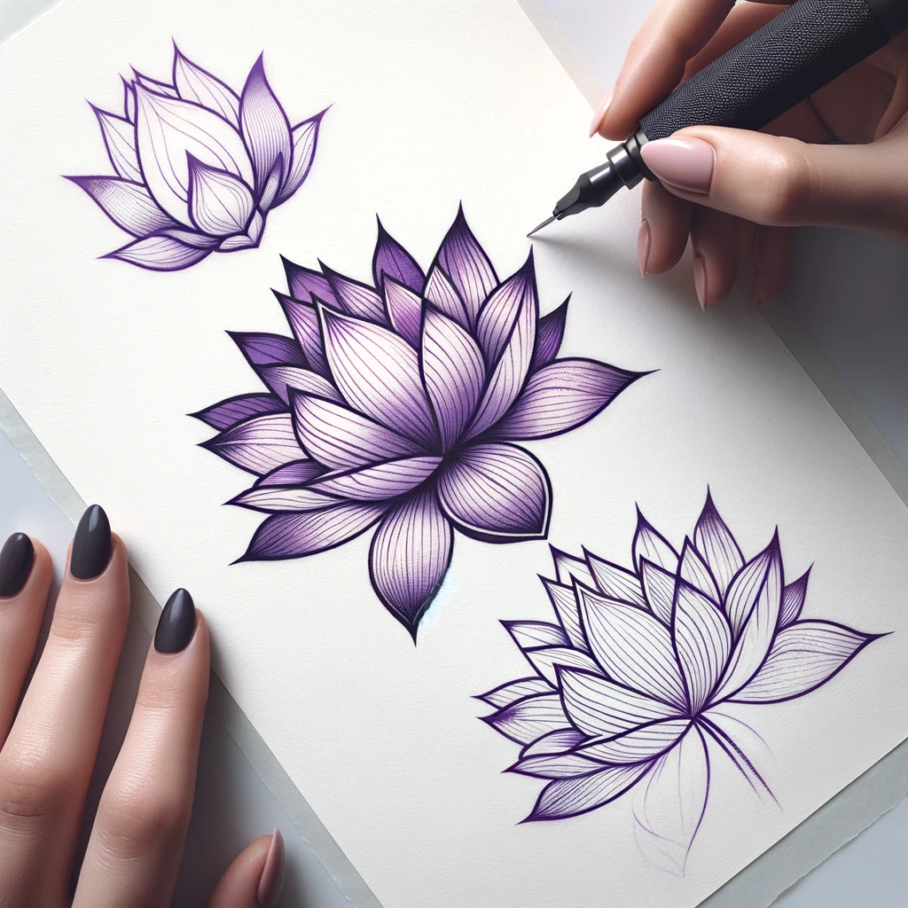 purple lotus tattoo in linework style