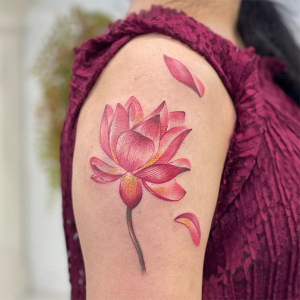 tatuaż różowego kwiatu lotosu na ramieniu