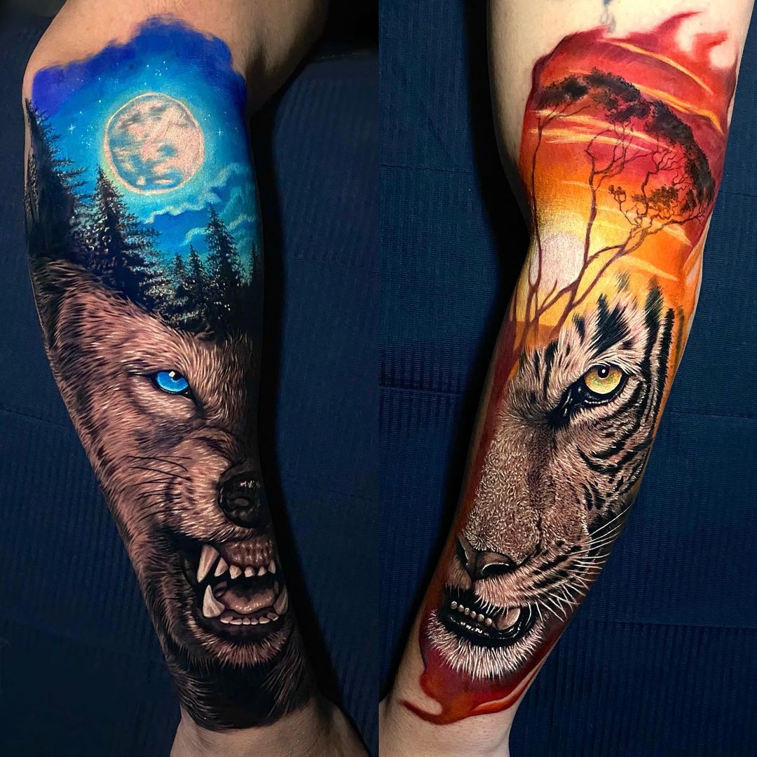 тату волк и тигр